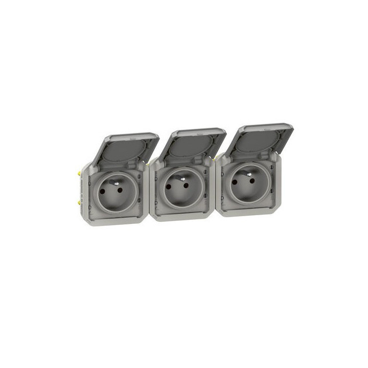 Triple prise de courant précâblée 3x2P+T horizontale étanche Plexo 16A 250V IP55 3 postes gris