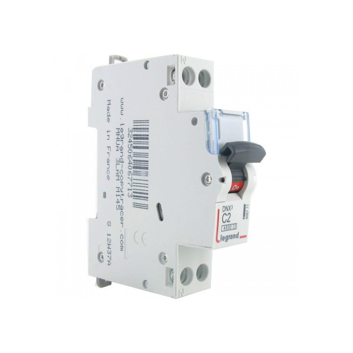 Disjoncteur Phase+Neutre  02A courbe C / DNX³4500 6kA arrivée et sortie borne à vis - 1P+N 230V - 1 module Disjoncteur Phase+Neutre  02A courbe C / DNX³4500 6kA arrivée et sortie borne à vis - 1P+N 230V - 1 module