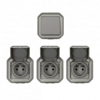 Lot de 1 interrupteur ou va-et-vient et 3 prises de courant étanches Plexo livrés complets pour montage en apparent gris