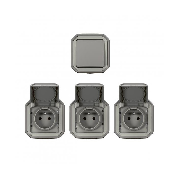Lot de 1 interrupteur ou va-et-vient et 3 prises de courant étanches Plexo livrés complets pour montage en apparent gris