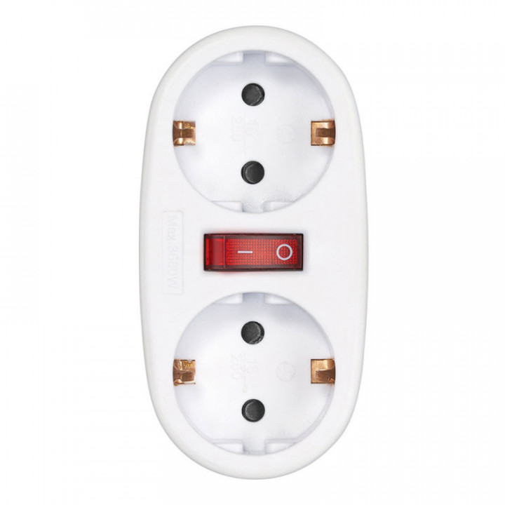 ADAPTATEUR 2 PRISES SCHUKO FRONTALES AVEC INTERRUPTEUR, 16 A