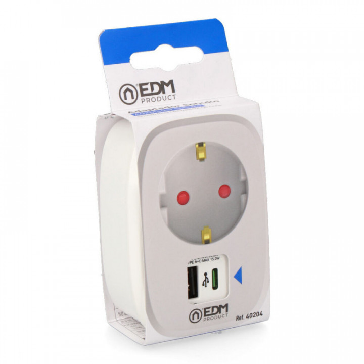 ADAPTATEUR 1 PRISE 2P-T SCHUKO AVEC 2 USB A - C, BLANC