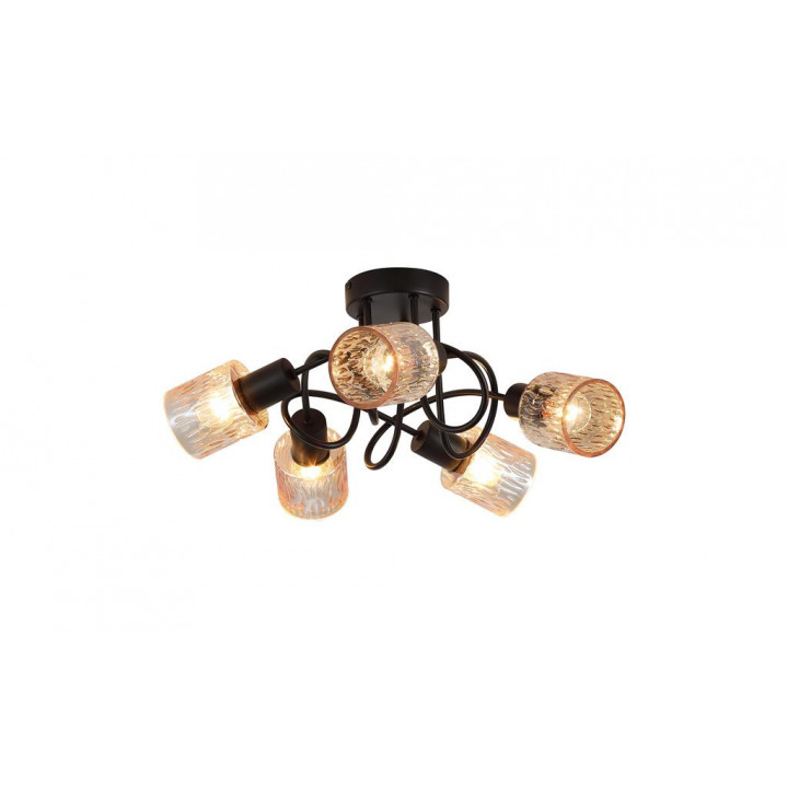 Lampe de plafond Knot 5Lt, métal noir avec abat-jour en verr