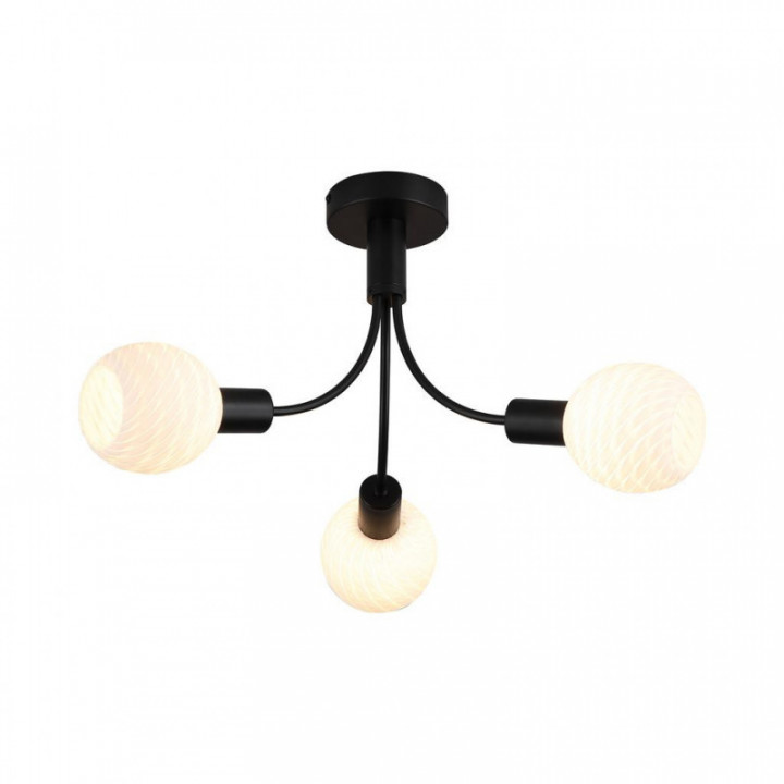 Lampe de plafond Nova 3Lt, métal noir avec abat-jour en verr