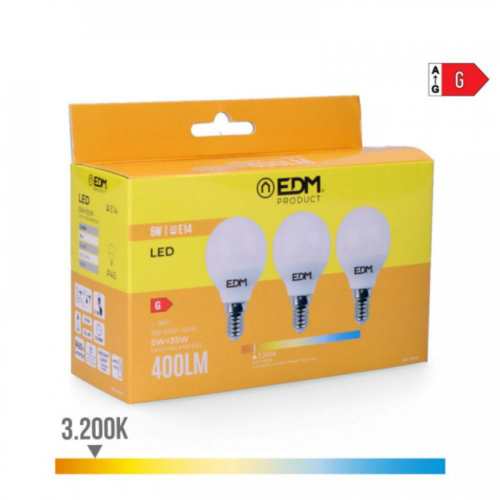 KIT 3 AMPOULES LED SPHÉRIQUES E14 5W 400lm 3200K LUMIÈRE CHA