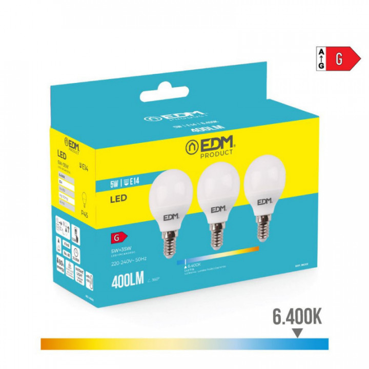 KIT 3 AMPOULES LED SPHÉRIQUES E14 5W 400lm 6400K LUMIÈRE FRO