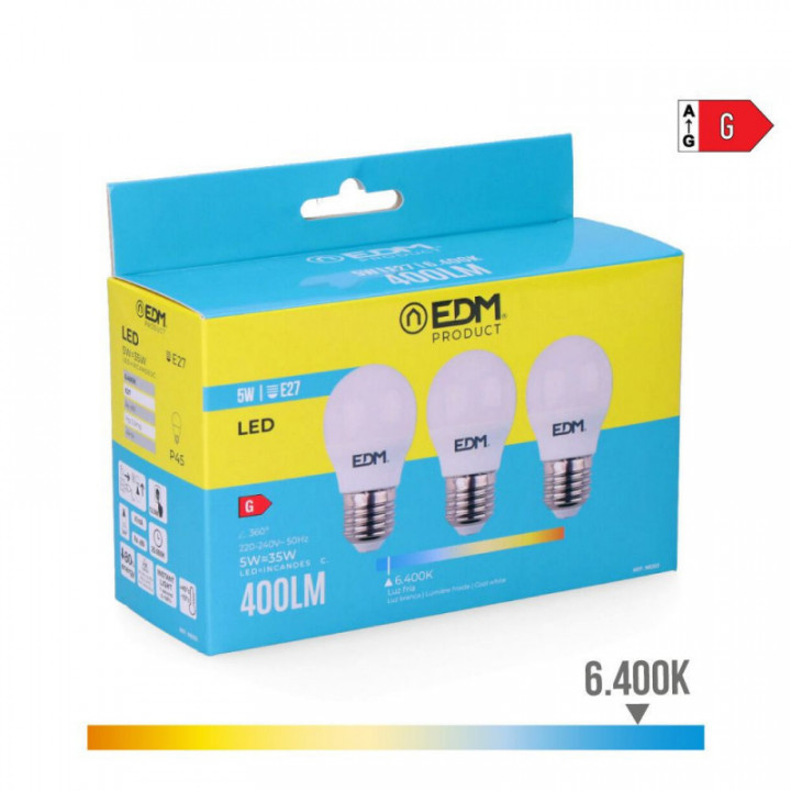 KIT 3 AMPOULES LED SPHÉRIQUES E27 5W 400lm 6400K LUMIÈRE FRO