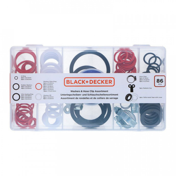 ASSORTIMENT DE JOINTS, RONDELLES ET COLLIERS, 86 PIÈCES ASS