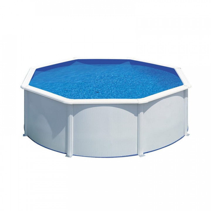 PISCINE RONDE À PAROIS EN ACIER ET TÔLE BLANCHE, AVEC POMPE