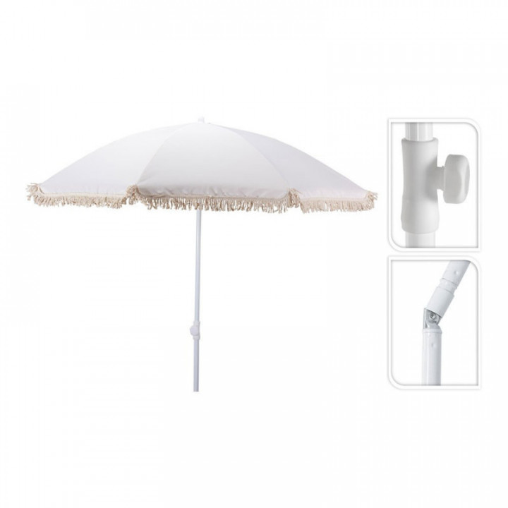 PARASOL DE PLAGE COULEUR CRU AVEC POMPONS, Ø160 x 200 cm