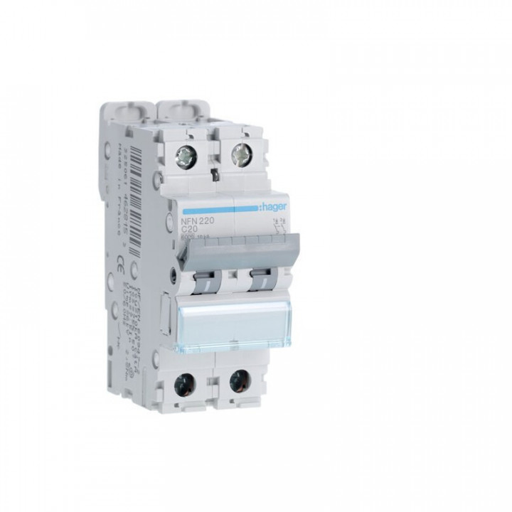 Disjoncteur 20A Hager - 2P - 6-10kA - courbe C - Bornes alignées à vis - NFN - 2 modules